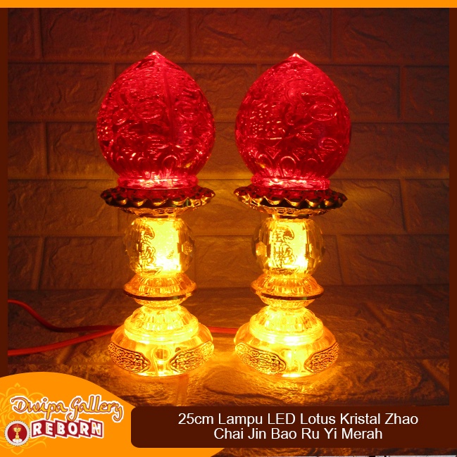 Lampu Sembahyang Altar  25 cm Merah LED Lotus Kristal Zhao Chai