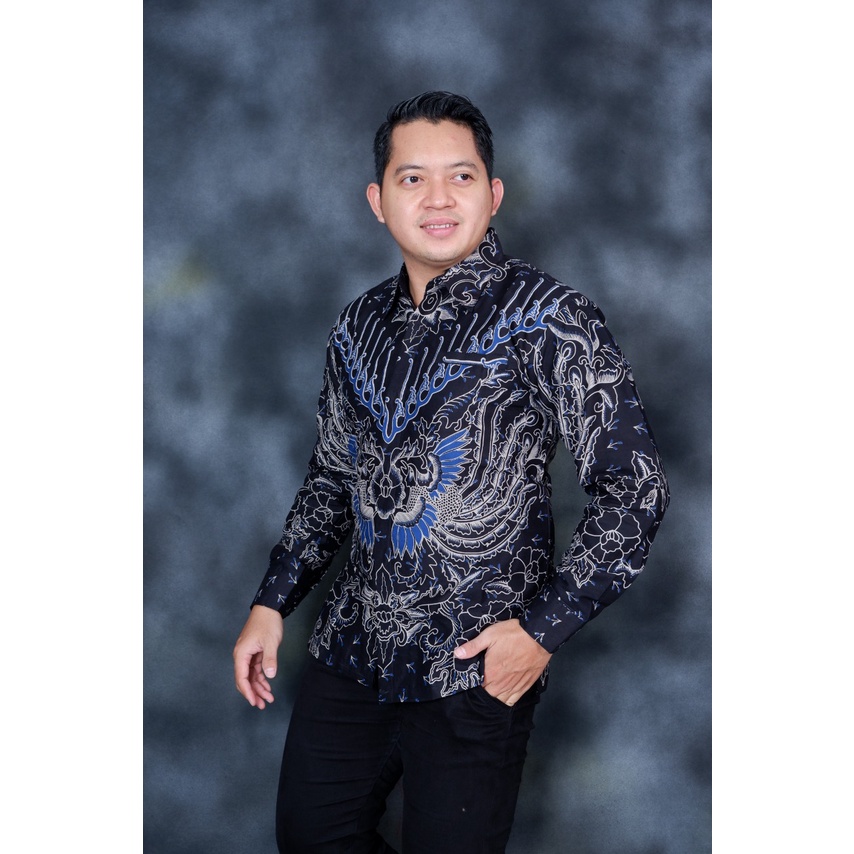 Baju Batik Pria Lengan Panjang Modern / Kemeja Batik Pria Lengan Panjang Modern Kasual Jumbo SIPAR BIRU 46