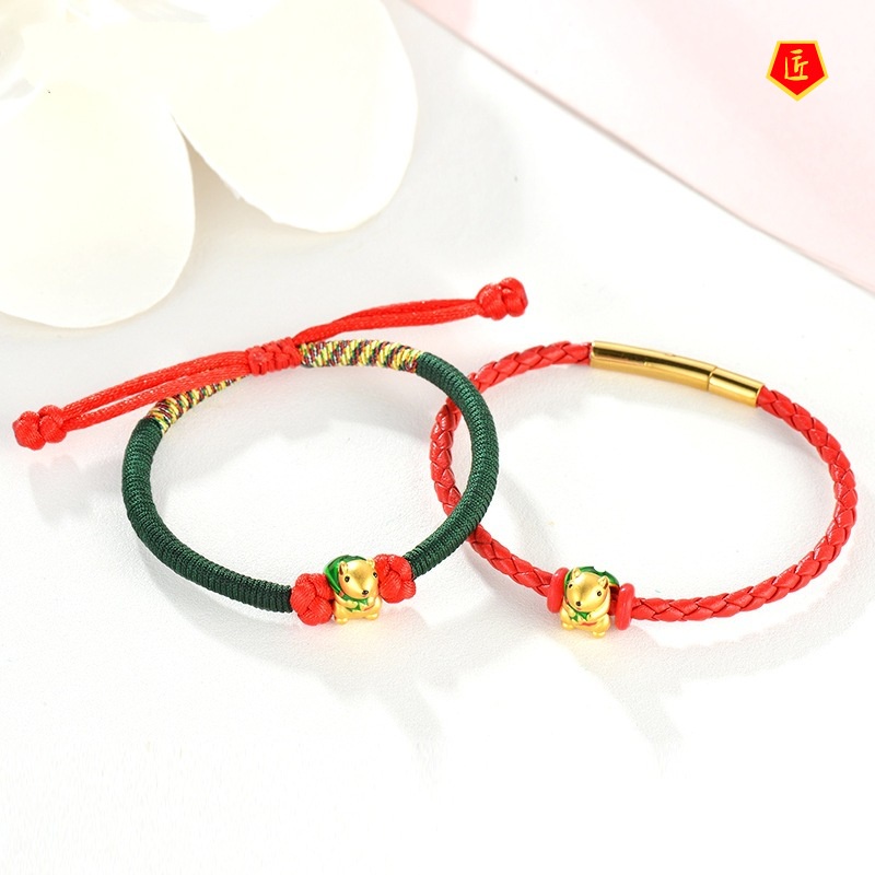 [Ready Stock]3D Golden Travel Mouse Lucky Beads Red Rope Bracelet