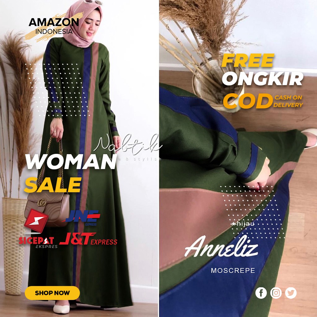 LONG DRESS WANITA STYLE CASUAL WARNA GREEN HIJAU KOMBI BAHAN MOSCREPE TEBAL HALUS BEST QUALITY IMPOR