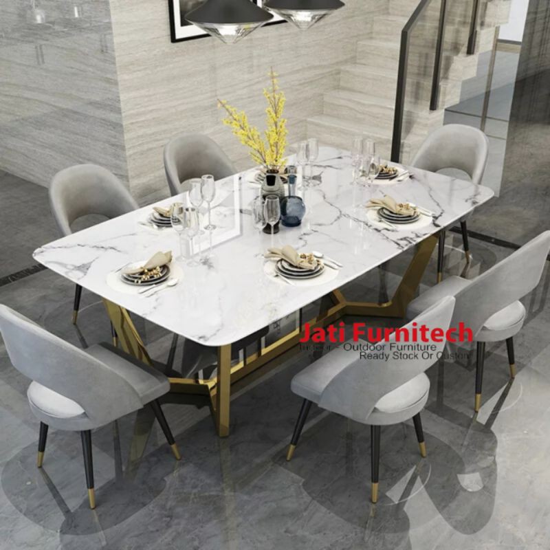 Meja Makan Stainless Gold Top Marble // HANYA MEJA