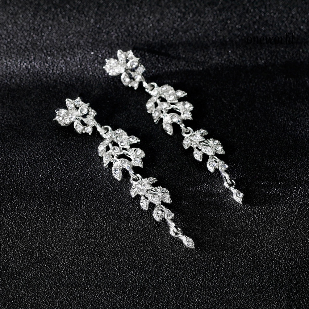 OW@ Fashion Leaf Rhinestones Necklace Earrings Women Bride Wedding Jewelry Set