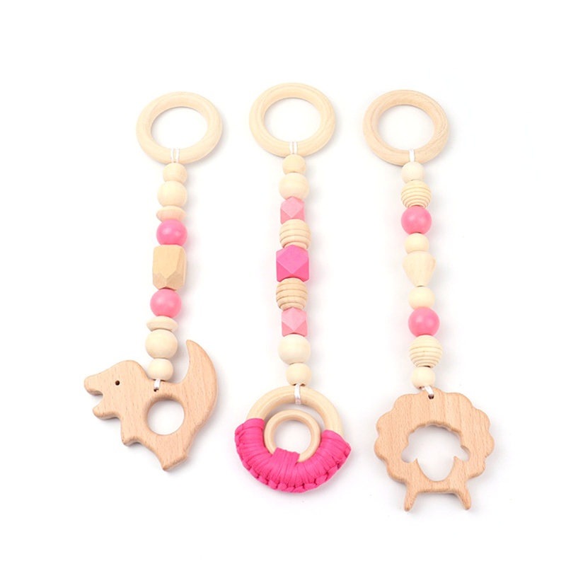 Mary 3pcs / Set Mainan Rattle + Teether + Ring Kayu Motif Kartun Hewan Domba / Dinosaurus Untuk Bayi / Stroller