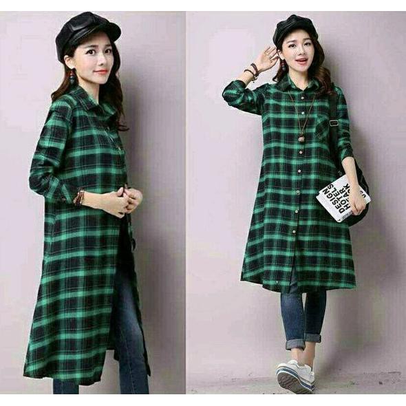 long kemeja cewek fashion wanita baju perempuan hem kotak