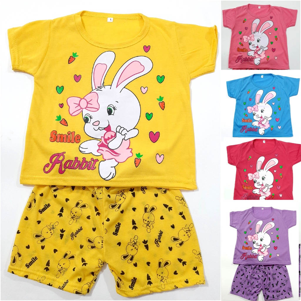 setelan kaos anak perempuan PDK 1- 10 tahun lengan pendek celana SML XL baju tidur cewek rabbit kelinci Grosir