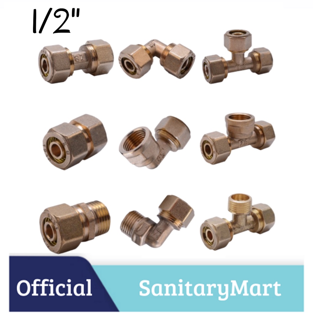KNEE DRAT / SOCK DRAT LUAR DALAM 1/2 INCHI KUNINGAN/ TEE DRAT AIR PANAS/NEPEL SAMBUNGAN PIPA