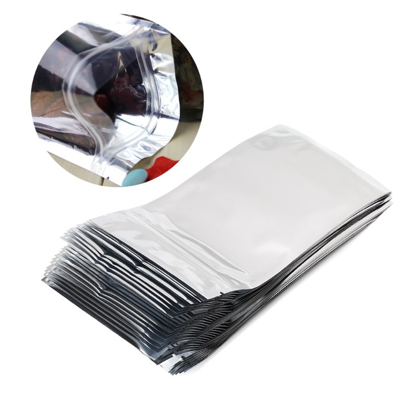 CRE  50 Pcs 10x17.5cm Silver Aluminum Foil Mylar Recloeable Ziplock Bag Front Clear Leak Proof