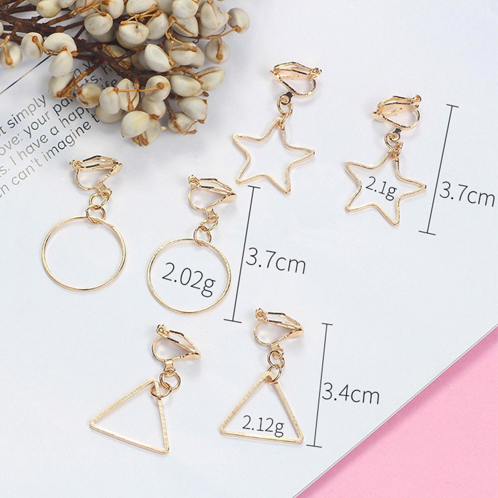 Anting Klip Bentuk Bulat Bintang Segitiga Geometris Bahan Logam Lapis Emas Perak Untuk Wanita