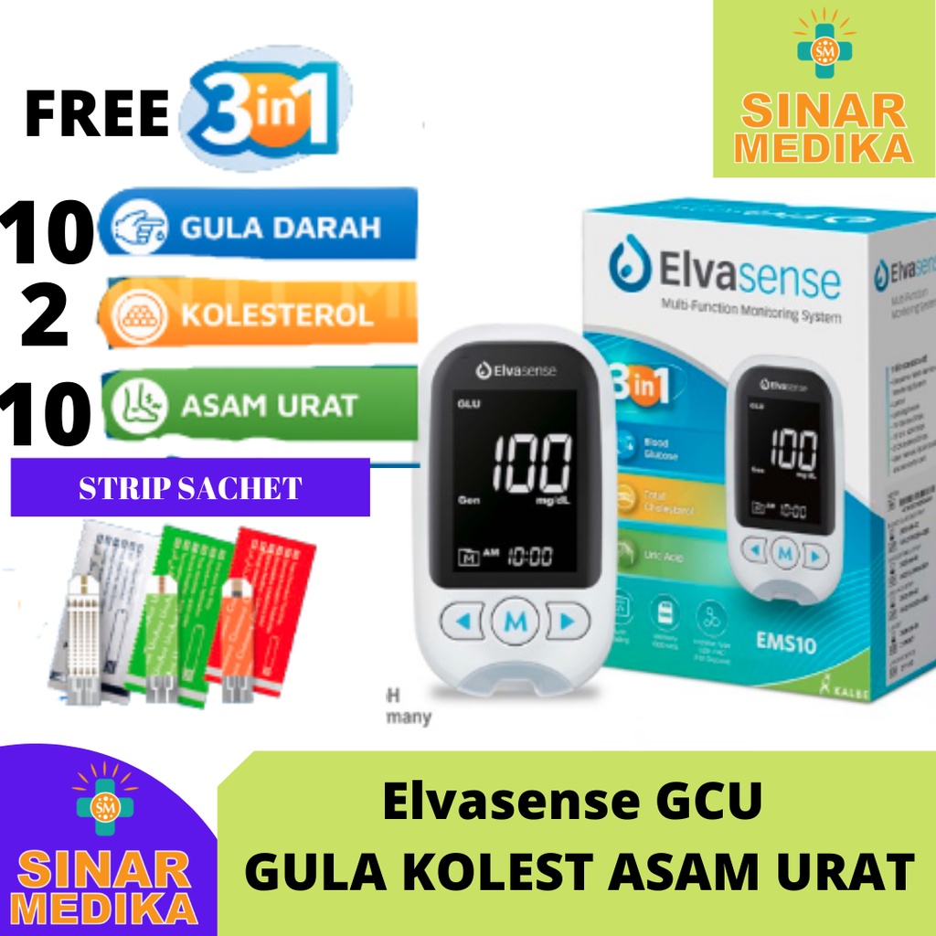 ALAT CEK DARAH ELVASENSE GCU ( GLUKOSA, ASAM URAT, KOLESTEROL ) UNTUK KADAR GULA DARAH DIABETES KOLESTROL CHOLESTEROL URIC