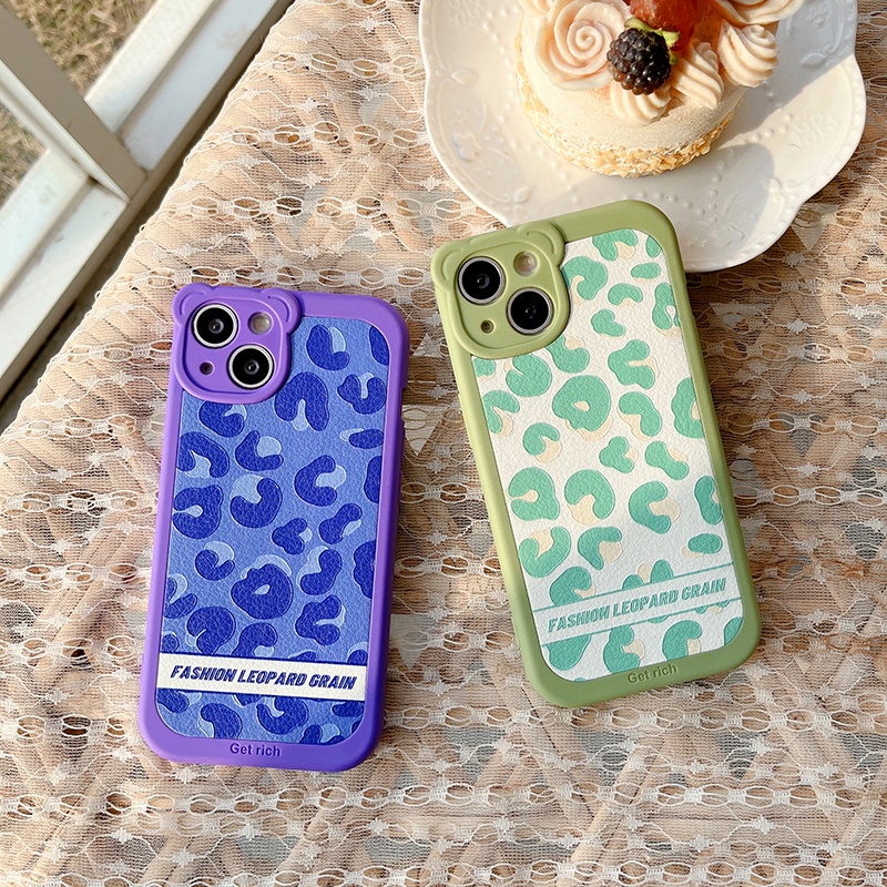 Soft Case Silikon Shockproof Motif Print Leopard Ungu Hijau Untuk IPhone 7 8 Plus X XS Max XR 12 13 Pro Max