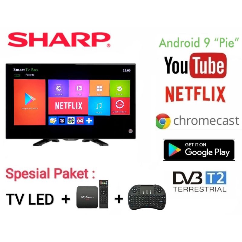 TV LED Sharp 24" Smart Android Digital 24DC Spesial Paket : Tv Box + Mini Keyboard