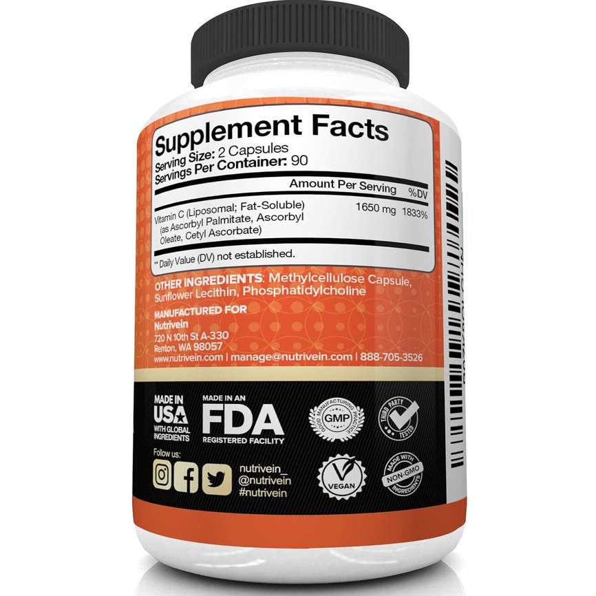 Nutrivein Vitamin C Liposomal 1600mg - 180 Caps High Absorption