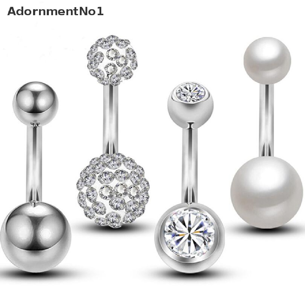 (AdornmentNo1) 4pcs / Set Anting Tindik Pusar 14G Aksen Dua Bola Kristal + Mutiara Untuk Perhiasan Wanita