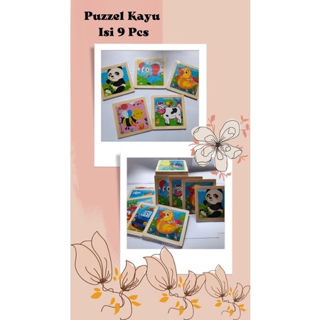 Mainan Montessori Anak Mini Wooden Puzzel Kayu isi 9 pcs Varian Hewan dan Kendaraan