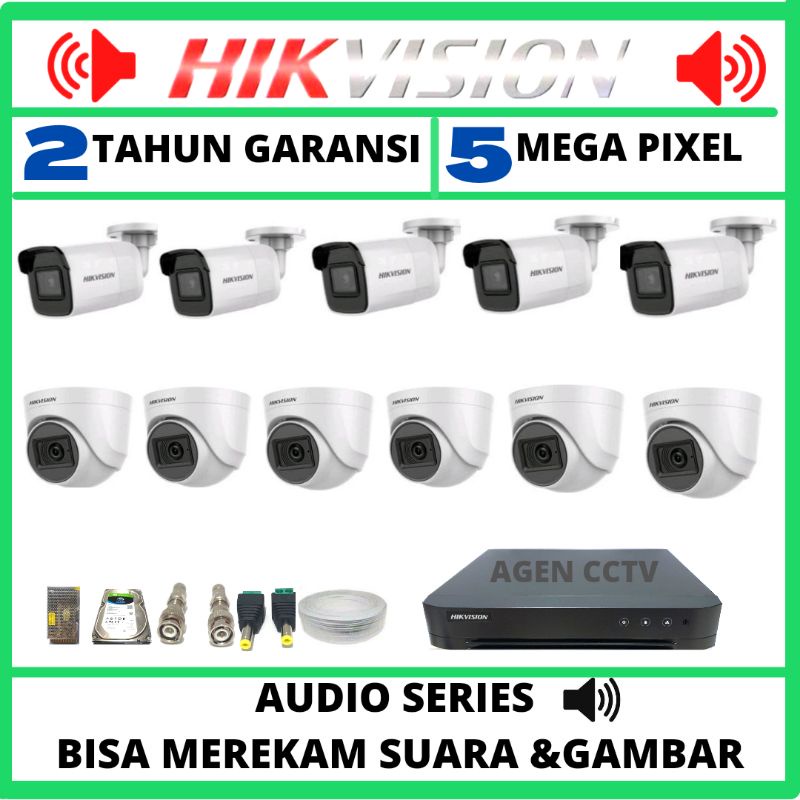 PAKET CCTV HIKVISION 16 CHANNEL 11 KAMERA 5MP AUDIO SERIES KOMPLIT TINGGAL PASANG GARANSI 2THN