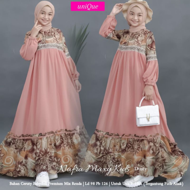 Nafra Maxy Kids Terbaru Gamis Ceruty Anak Motif Bunga Mix Renda Gamis Remaja Usia 9 - 13 Tahun