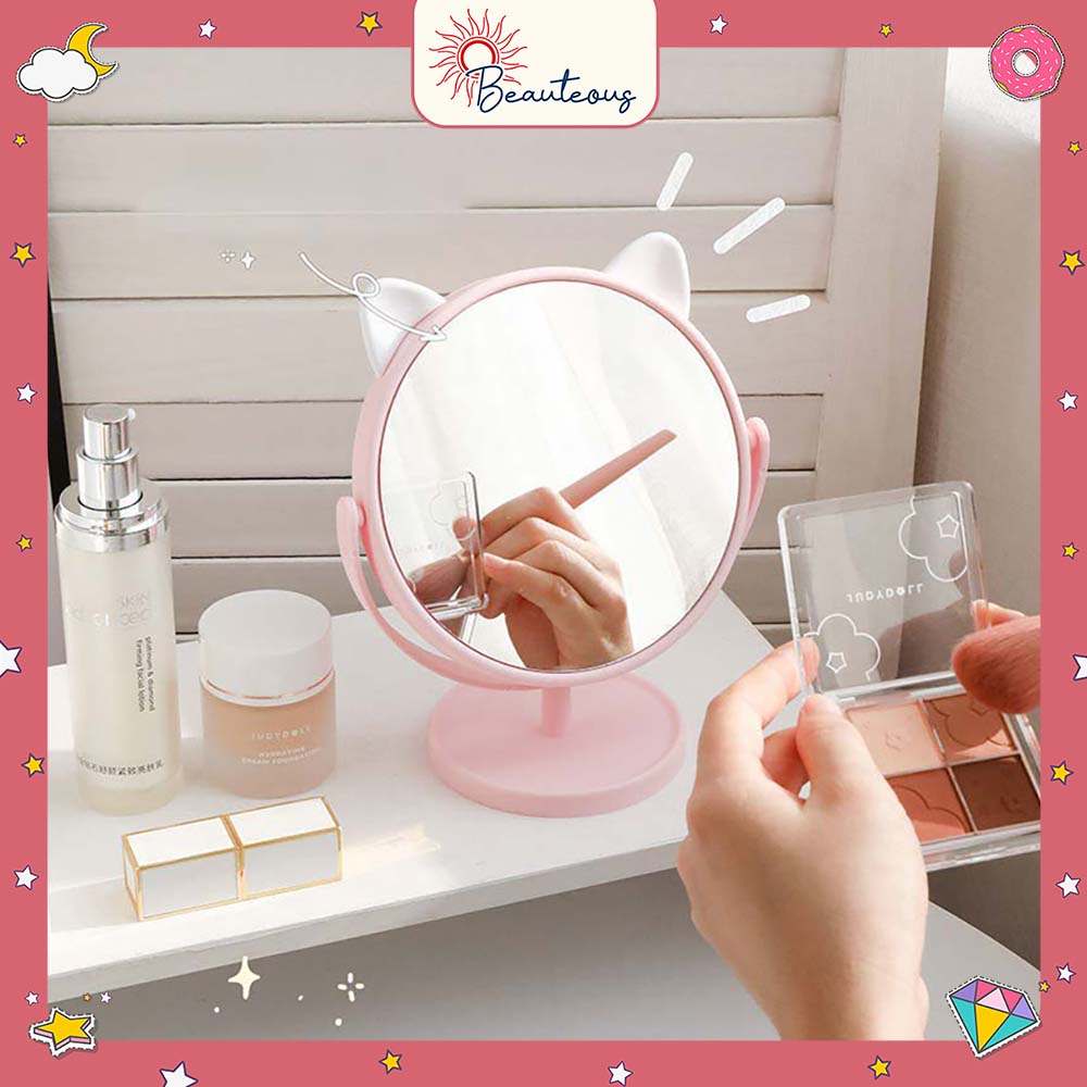 Cermin Kaca Meja Rias Bulat Motif Telinga Kucing Kelinci Cermin Meja Make Up