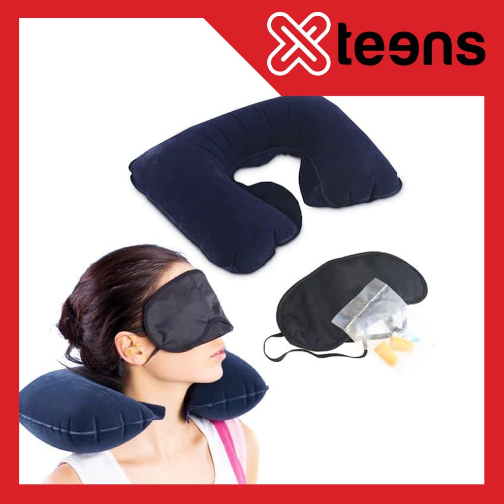 Bantal Leher Set Tutup Mata Bantal Mobil Travel / Inflatable Travel Pillow / Bantal Angin PRAKTIS