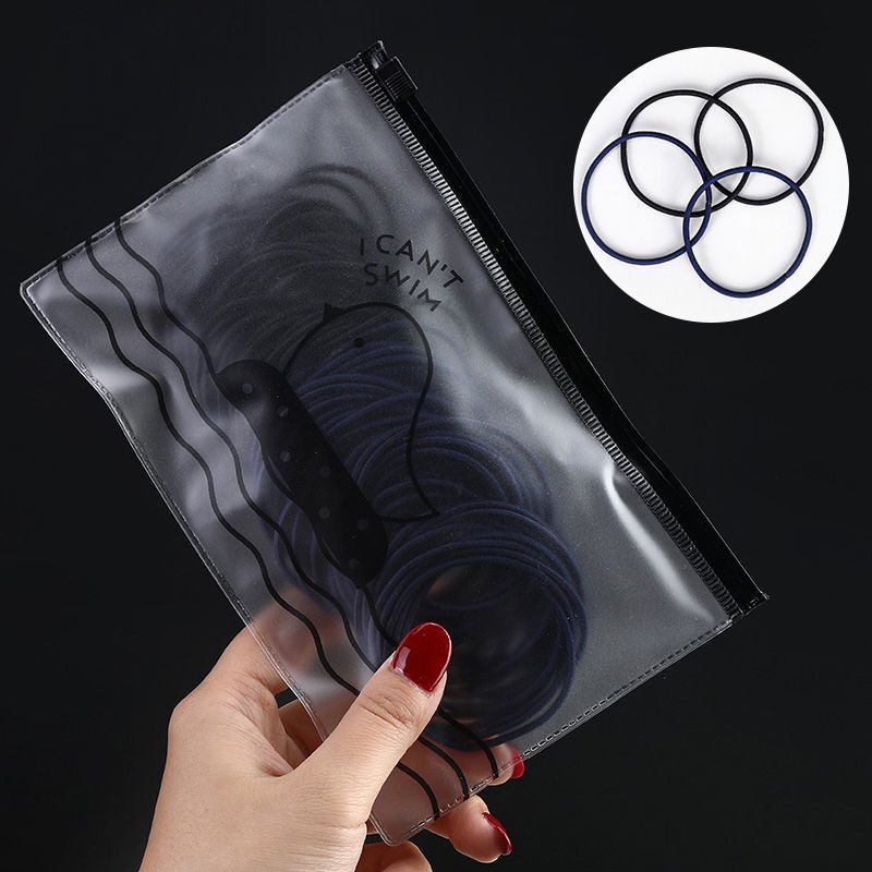 [ISI 50/100pcs] Ikat Rambut Korea Warna Warni Karet Elastis Korea Aksesoris Rambut + Pouch Aksesoris Rambut F01-50pcs-Hitam