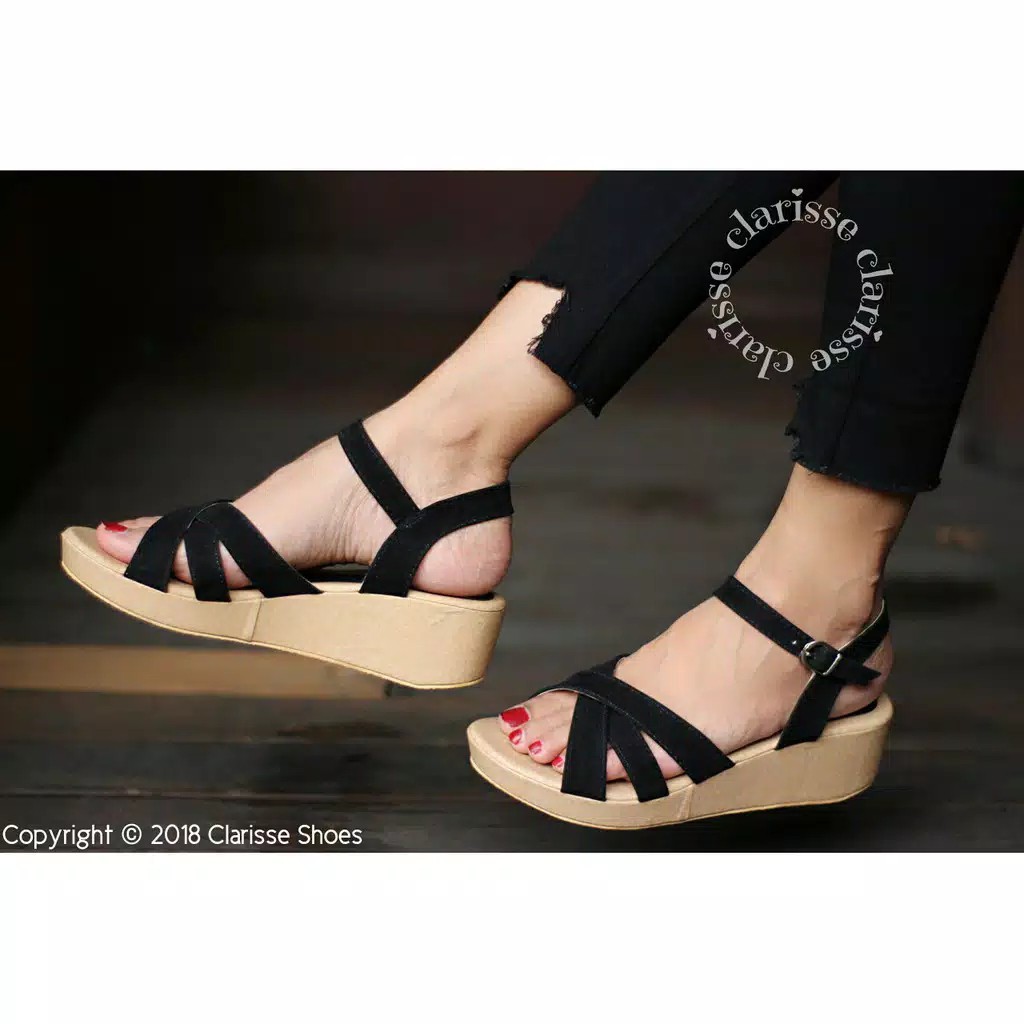CS JOG Clarisse Wedges Wanita KIRANA REALPICT  5cm Tali Silang Krem Hitam Black Cream-1