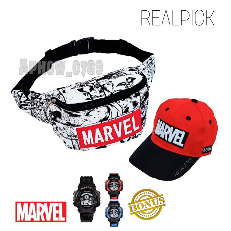 waistbag anak laki-laki canvas karakter marvel gratis topi jam tangan - tas anak