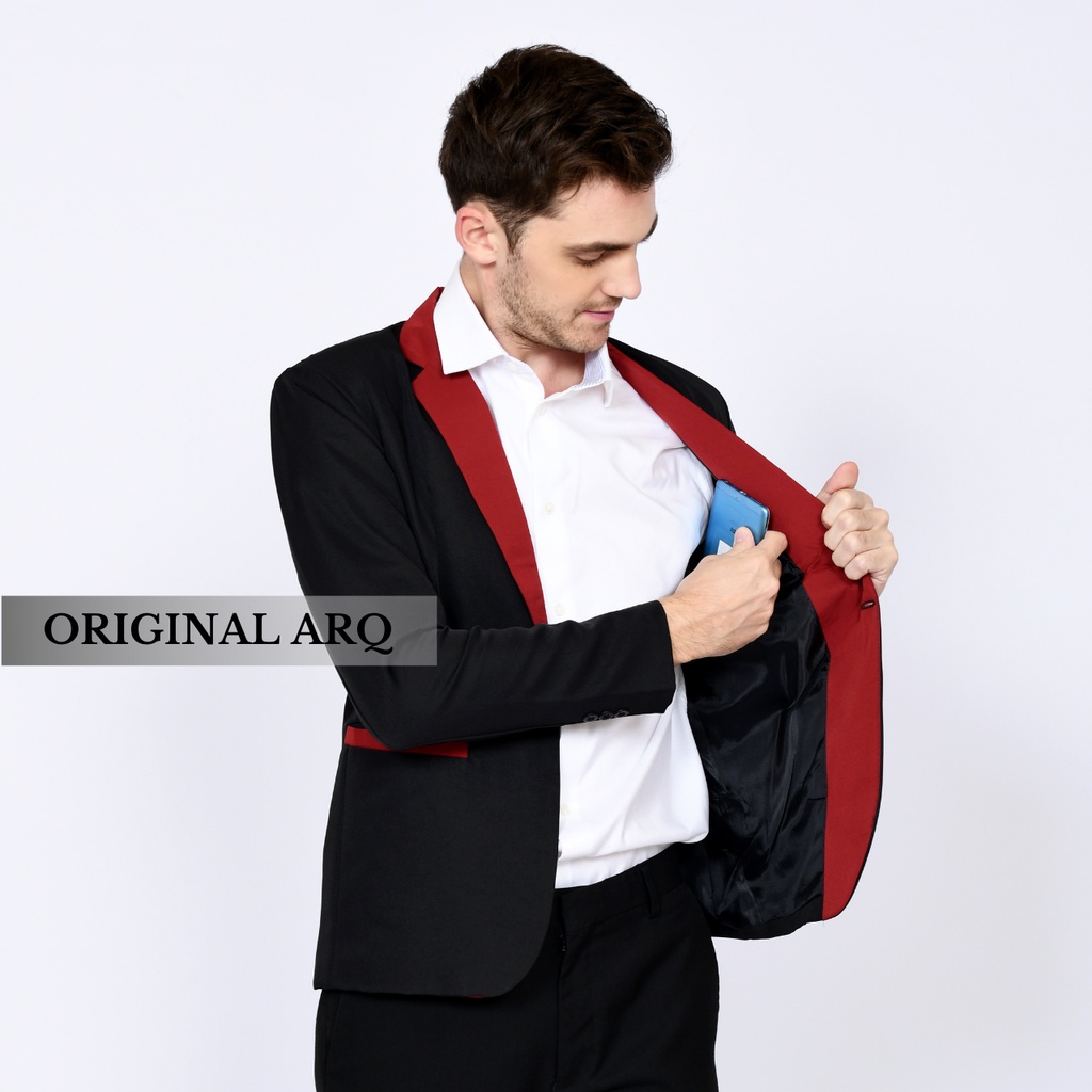 TERLARIS ! JAS BLAZER PRIA CASUAL KEREN MODEL SLIMFIT ORIGINAL ARQ BAHAN PREMIUM WARNA HITAM LIST MAROON