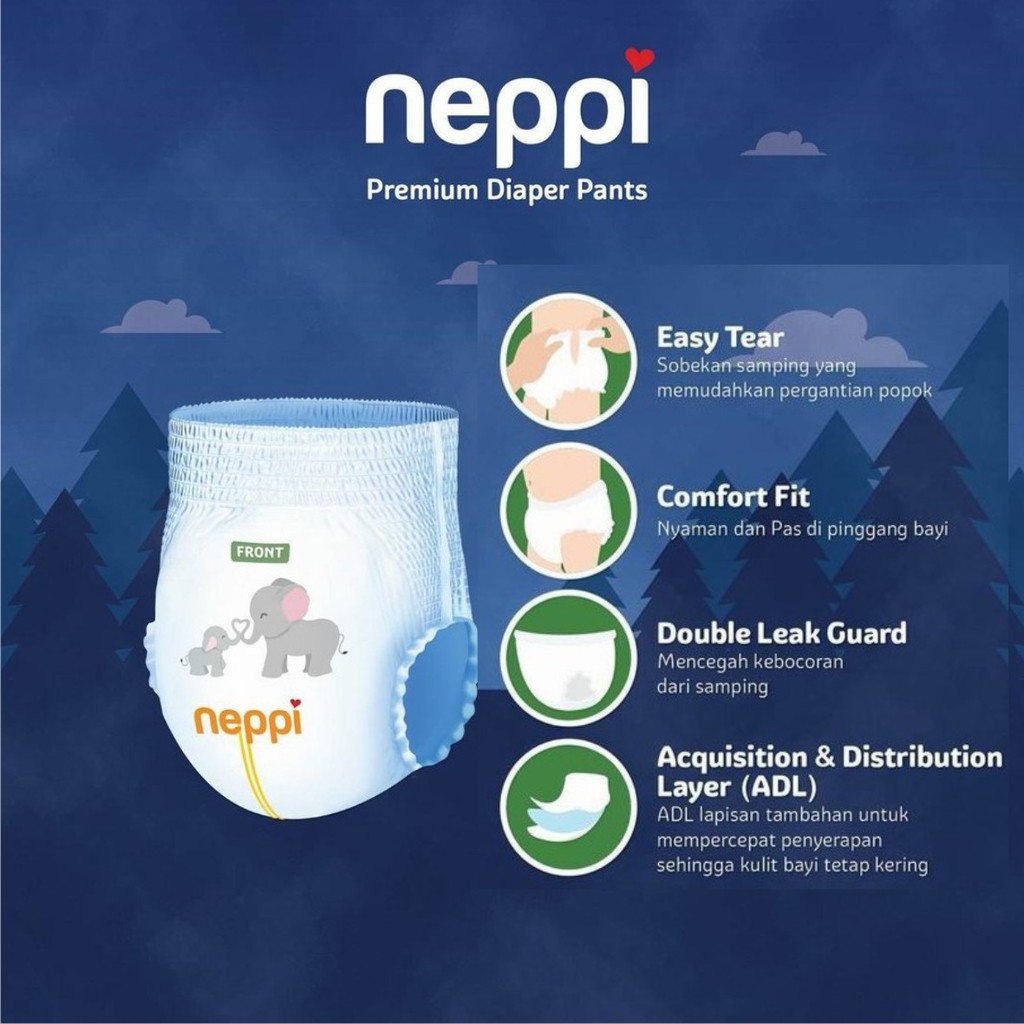 NEPPI Diapers PANTS Premium M 28 / L 26 / XL 22 / XXL 18 Popok Celana Anak Bayi Pampers Murah