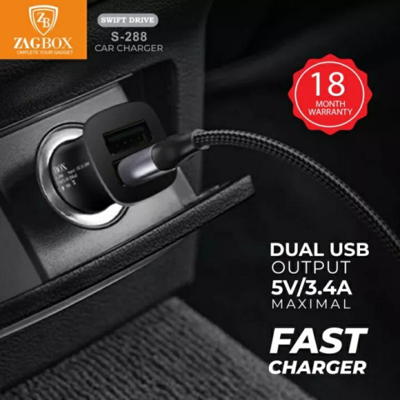 Car Charger ZAGBOX Dual USB SV/3.4A Swift Drive S-288

