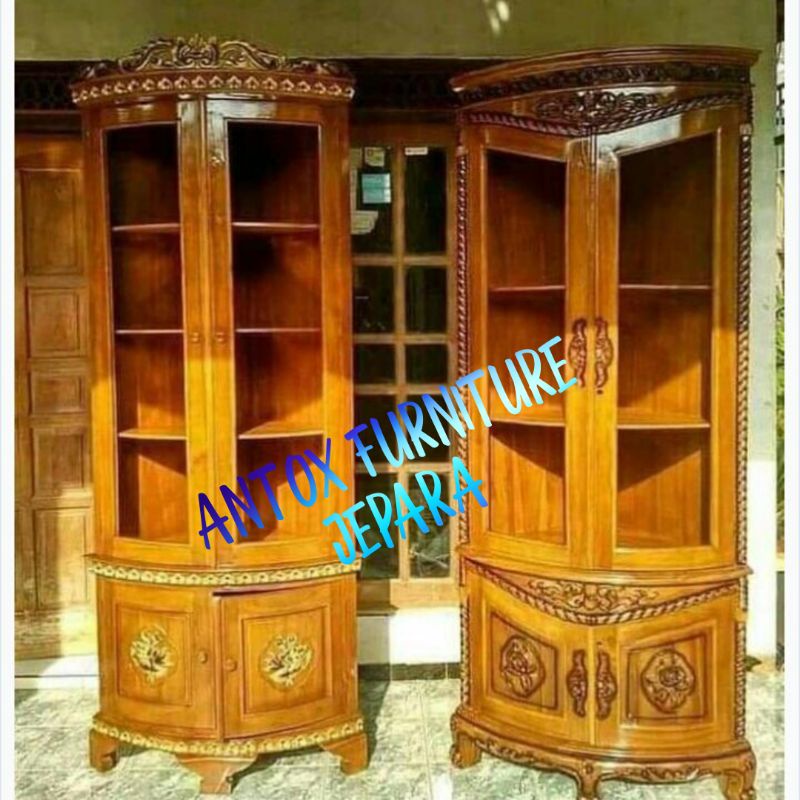 lemari sudut jati lemari pajangan jati sudut lemari hias jati furniture Jepara