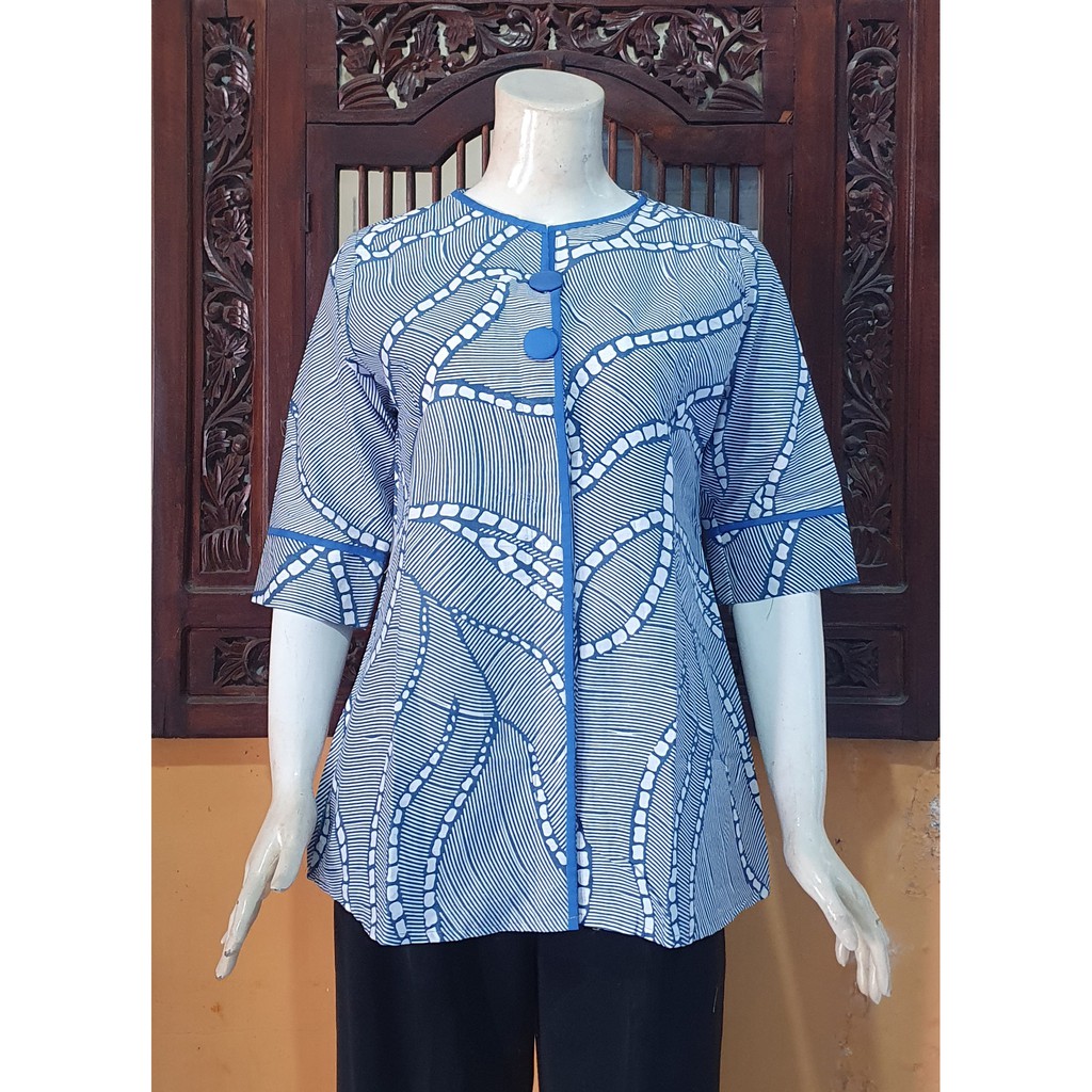 NEW Atasan Blouse Batik MOSA Blus Wanita Lengan Pendek 3/4 Kancing Depan. Motif Batik Pekalongan -250-Galaran Biru