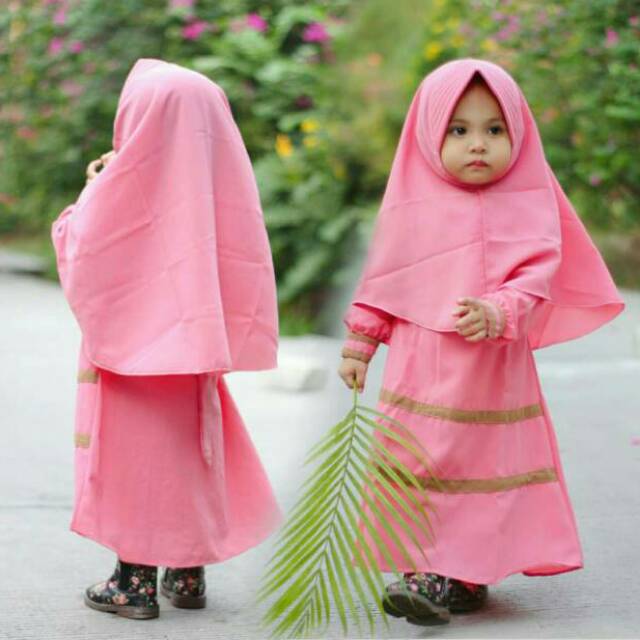 Gamis Anak Wolfis Strip Set Kerudung Besar Usia 1-10 tahun Original