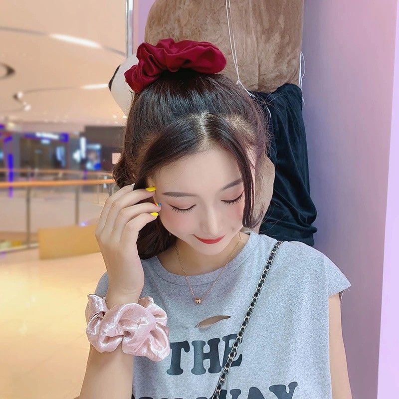 Scrunchie Cepol Rambut Bahan Chiffon Silky Satin Polos Ikat Rambut Kunciran Berkilau