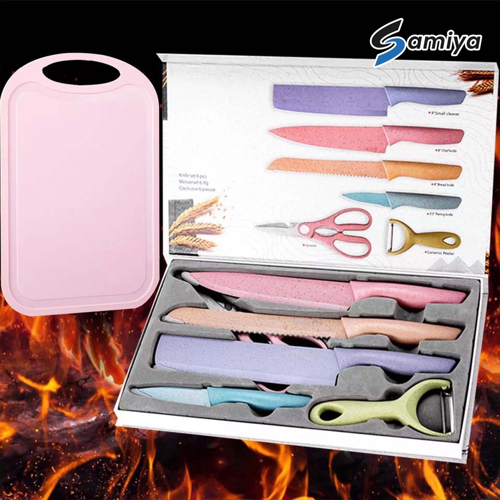 wheat straw knife set 6pcs include chopping board talenan / paket lengkap hemat pisau dapur telenan