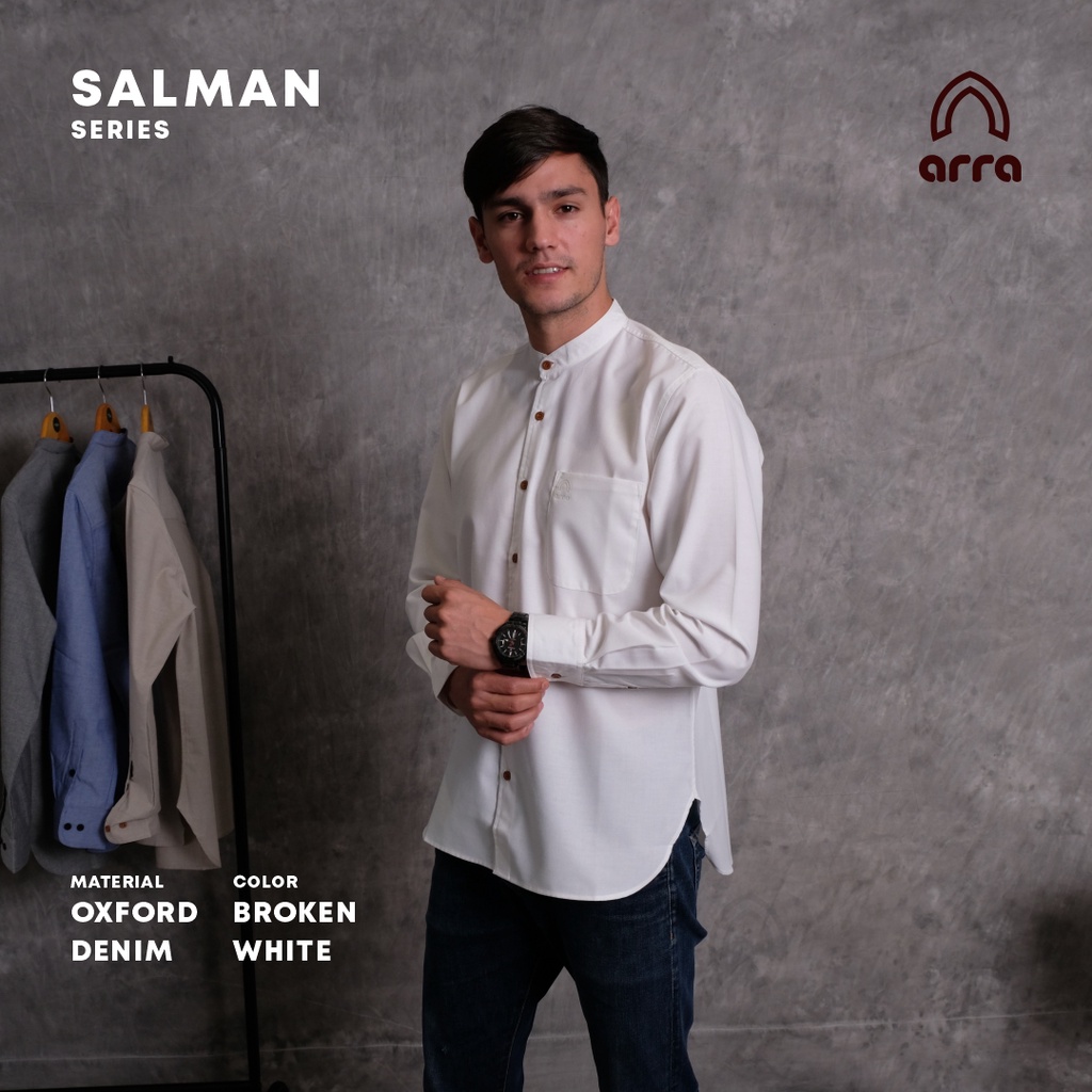 Salman Baju Koko Muslim Dewasa Oxford Denim Kemeja Lengan Panjang S M L XL XXL Series Daily Brand Arra Warna Putih Biru Khaki Abu Terbaru