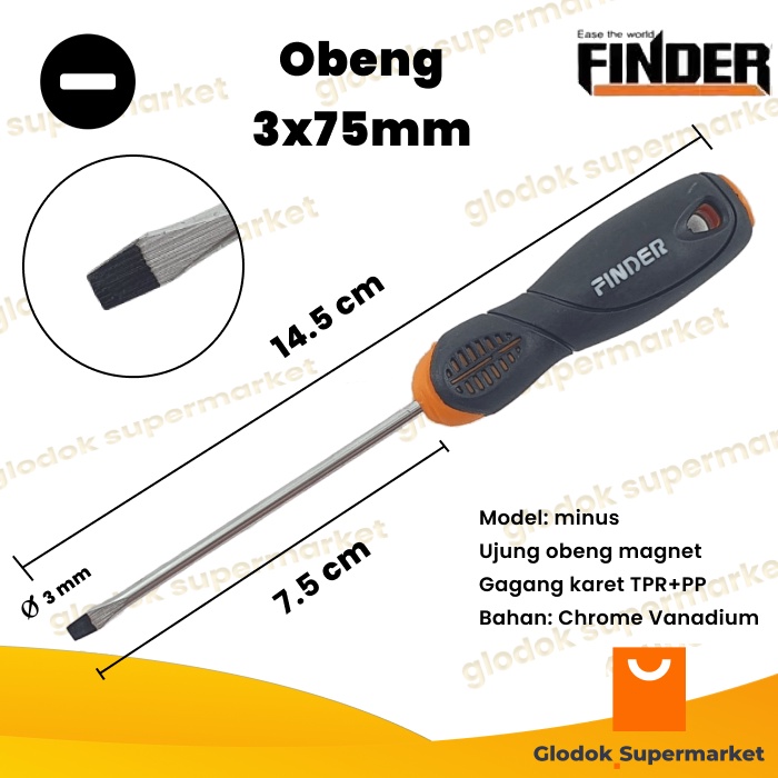 Obeng Minus 3 inch Finder Diameter 3mm Panjang Besi 7.5cm Magnet