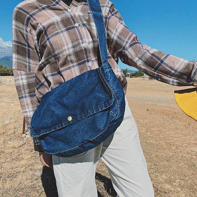 premium monolog denim sling messenger bag tas selempang postman unisex pria wanita jeans vintage