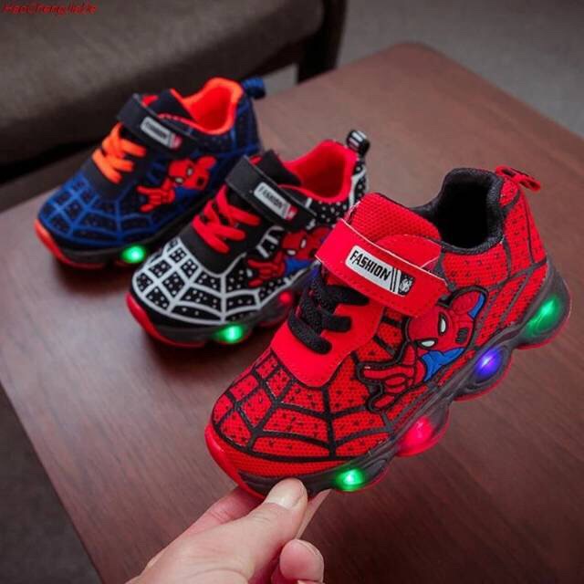 Qeede_Store SEPATU ANAK LAKI-LAKI SNEAKER SPIDER LABA-LABA LAMPU LED SIZE 21-36 USIA 1-9 TAHUN