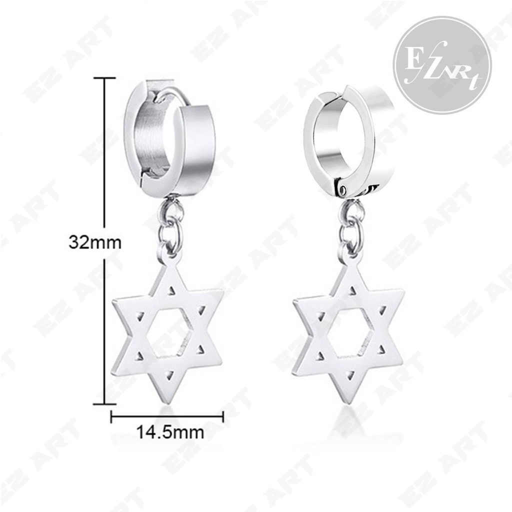 1 BUAH - ANTING PRIA STAINLESS STEEL BANDUL HEXAGRAM GEOMETRI HEXAGON TUSUK / JEPIT NON TINDIK