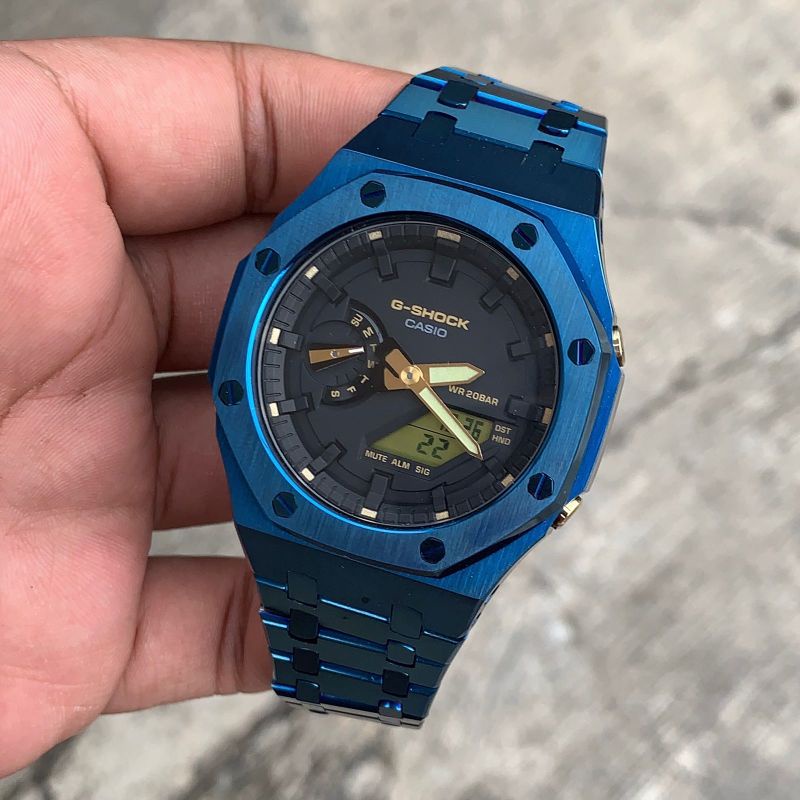 Jam Tangan G-Shock Original GA2100 GA-2100 Oak Custom Strap dan Bezel Stainless Steel Biru 10