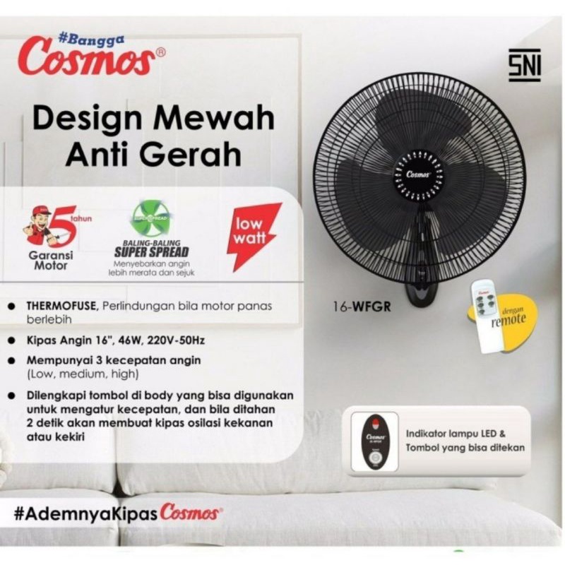 COSMOS Kipas Angin Dinding+Remot 16 Inch Wall Fan 16-WFGR