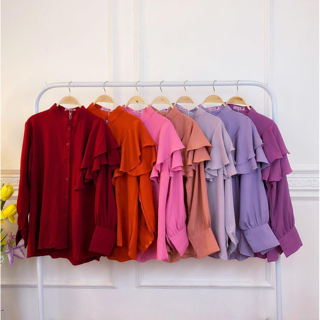 Kemeja Wanita Bahan Katun Crinkle Terbaru Kekinian Rampel Satu Lengan-4