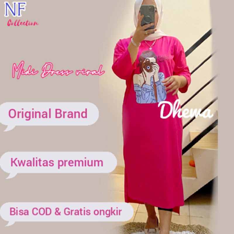 Midi Dress Kaos Oversize Longtunik Kaos Wanita Viral Cotton Combed original Brand Dhewa