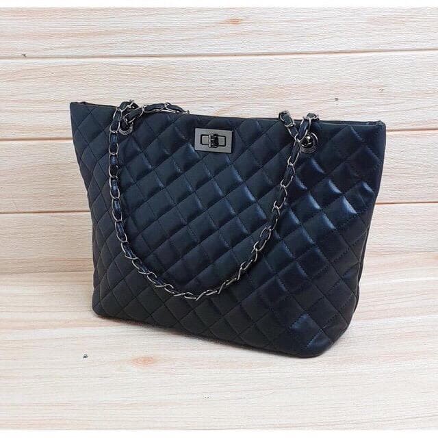 Tas wanita Tote Bag Import Chanel Tote Ada Tali Rantai Kulit - Hitam