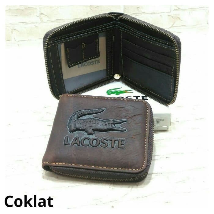 Dompet Pria Retsleting Putar Kulit Asli Merk LACOSTE Cokelat Dompet Mini  Leather Pendek Origi