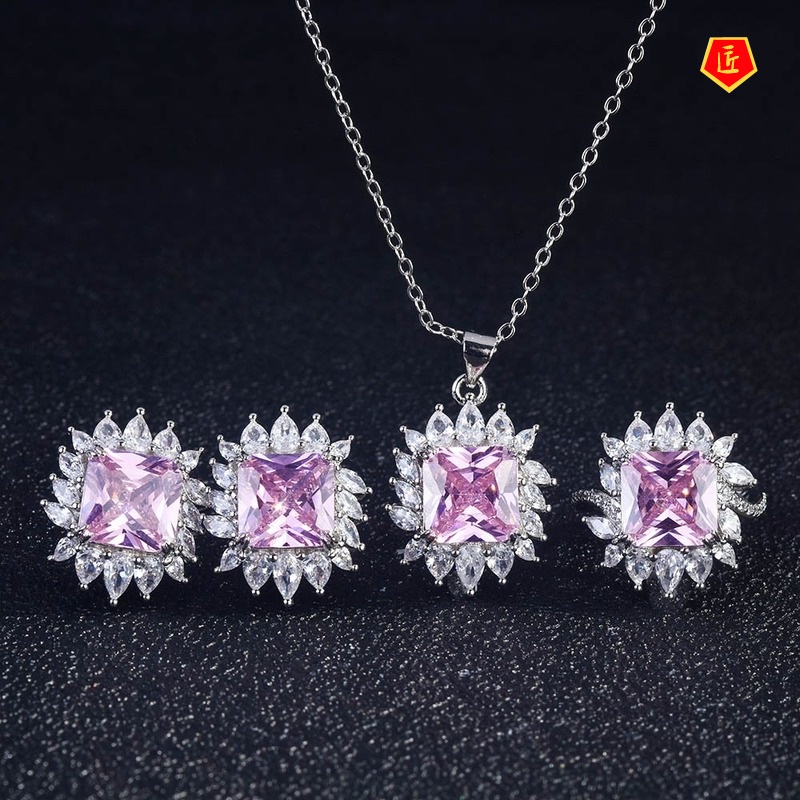 [Ready Stock]Luxury Yellow Diamond Argyle Pink Diamond Rings Ear Stud Necklace Set