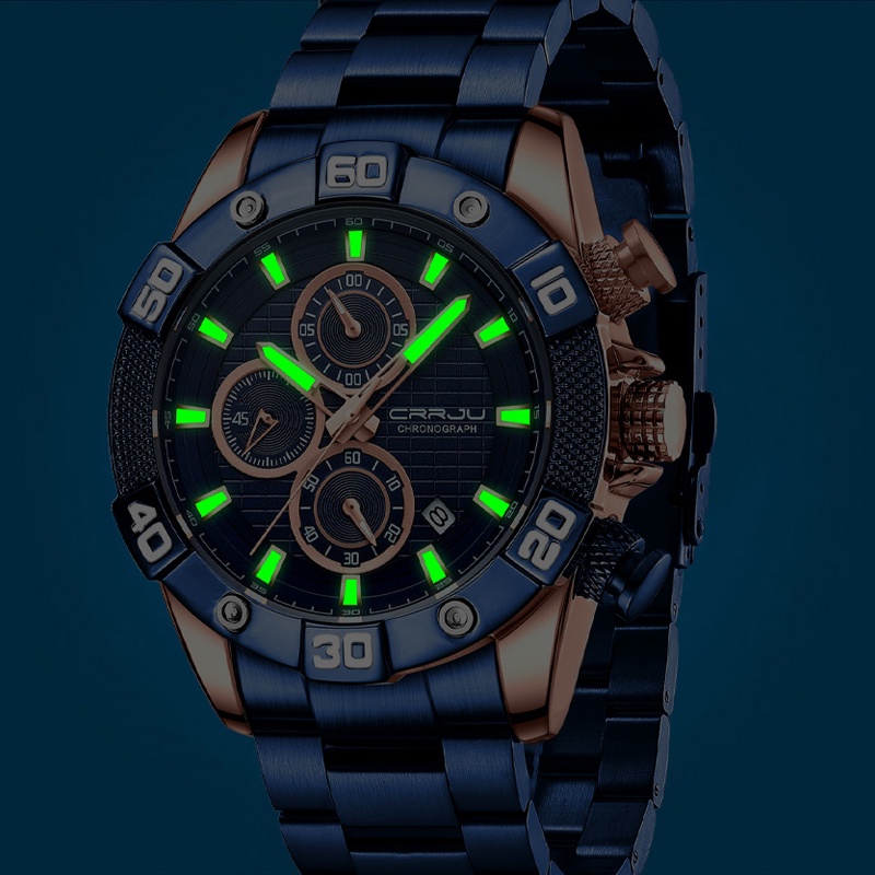 CRRJU Asli Multifungsi Tahan Air Jam Tangan Analog Jam Tangan Pria Stainless Steel Olahraga Bercahaya Jam Tangan Otentik Menonton Chronograph Dapat Berenang Jam