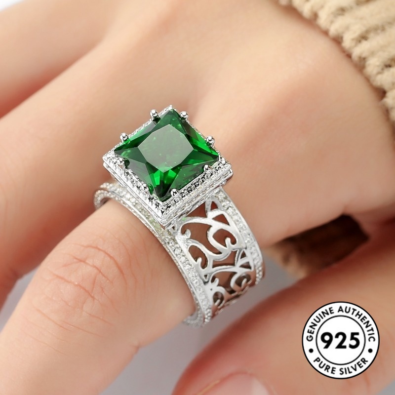 Cincin Berlian Hijau Bahan S925 Silver