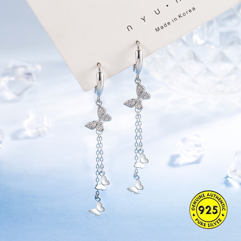 Anting Gantung Panjang Tusuk Silver Sterling 925 Motif Kupu-Kupu + Berlian + Rumbai Untuk Perhiasan Wanita