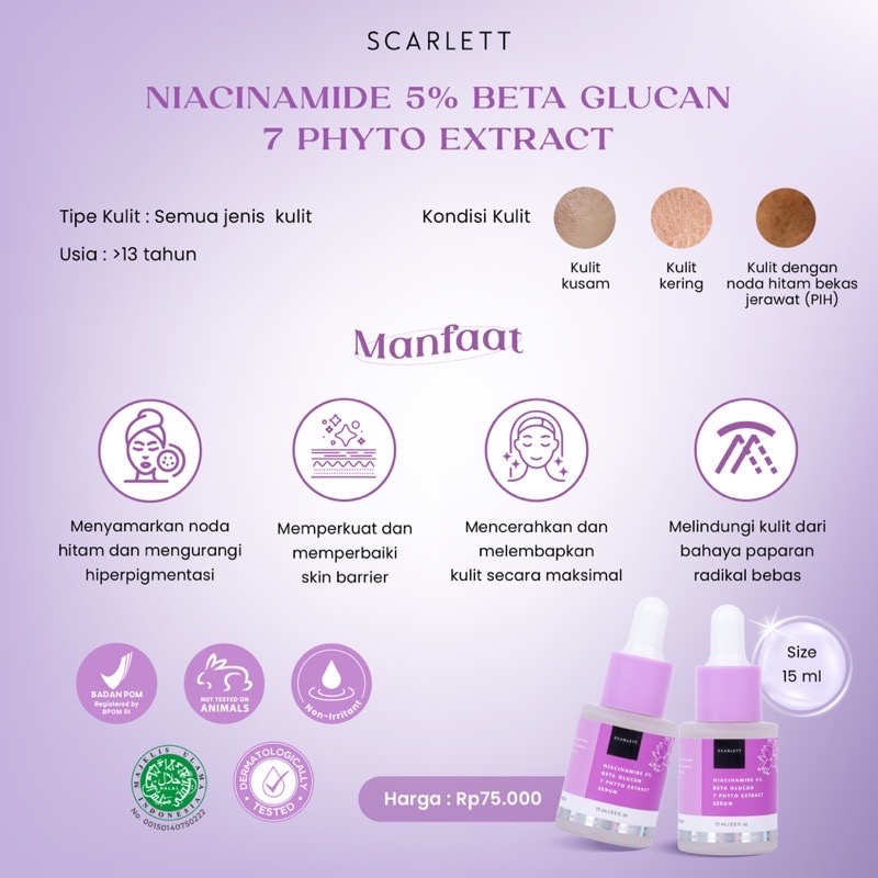 SCARLETT Whitening Niacinamide 5% Beta Glucan 7 Phyto Extract Serum Indonesia / Facial Wash Essence Toner Day Night Cream Mask Masker Gel Sunscreen Body Shower Scrub Lotion Shampoo / Brightly Ever After Acne Mugwort Paket Mini Full Set Wajah Face Glowing