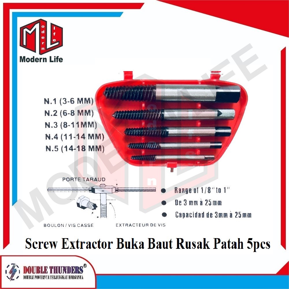 Tap Balik Set 5 Pcs Cabut Buka Baut Rusak Patah Screw Extractor DT